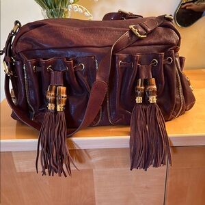 Brown Leather Women Bag with Tassels